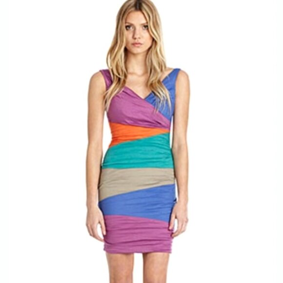 NICOLE MILLER Y2K Colorblock Sleeveless Ruched Bodycon Dress - Picture 1 of 6